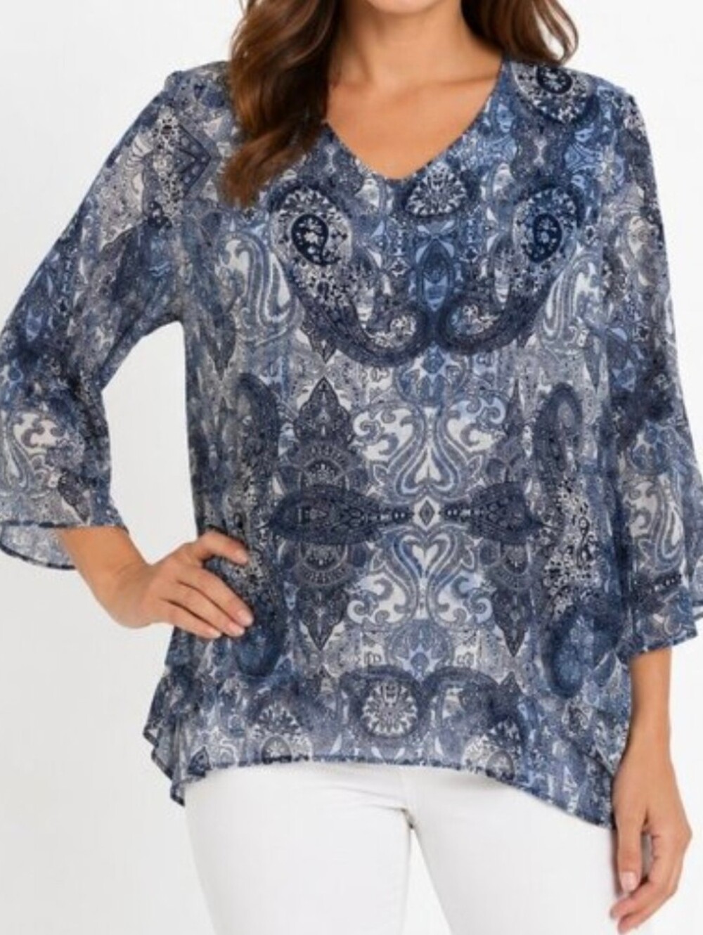 Chico's Blue And White Paisley Sheer Layered Top